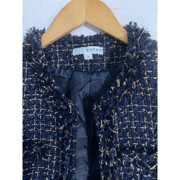 Puzuo tweed blazer jacket women’s size S navy gold metallic wool blend fringe - Picture 2 of 5